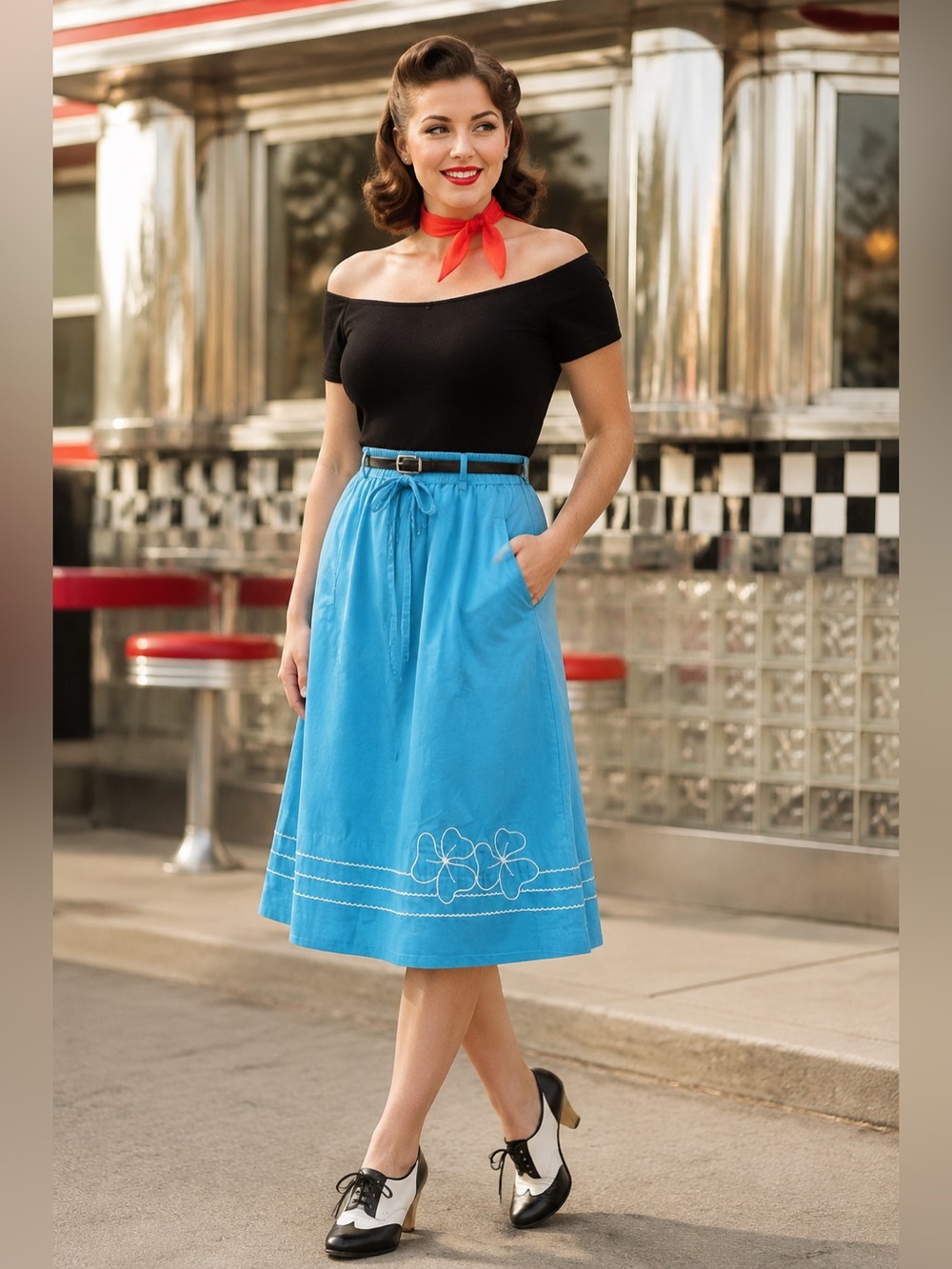 Vintage 80s JILLI Turquoise Embroidered Wrap Tie Midi Skirt medium